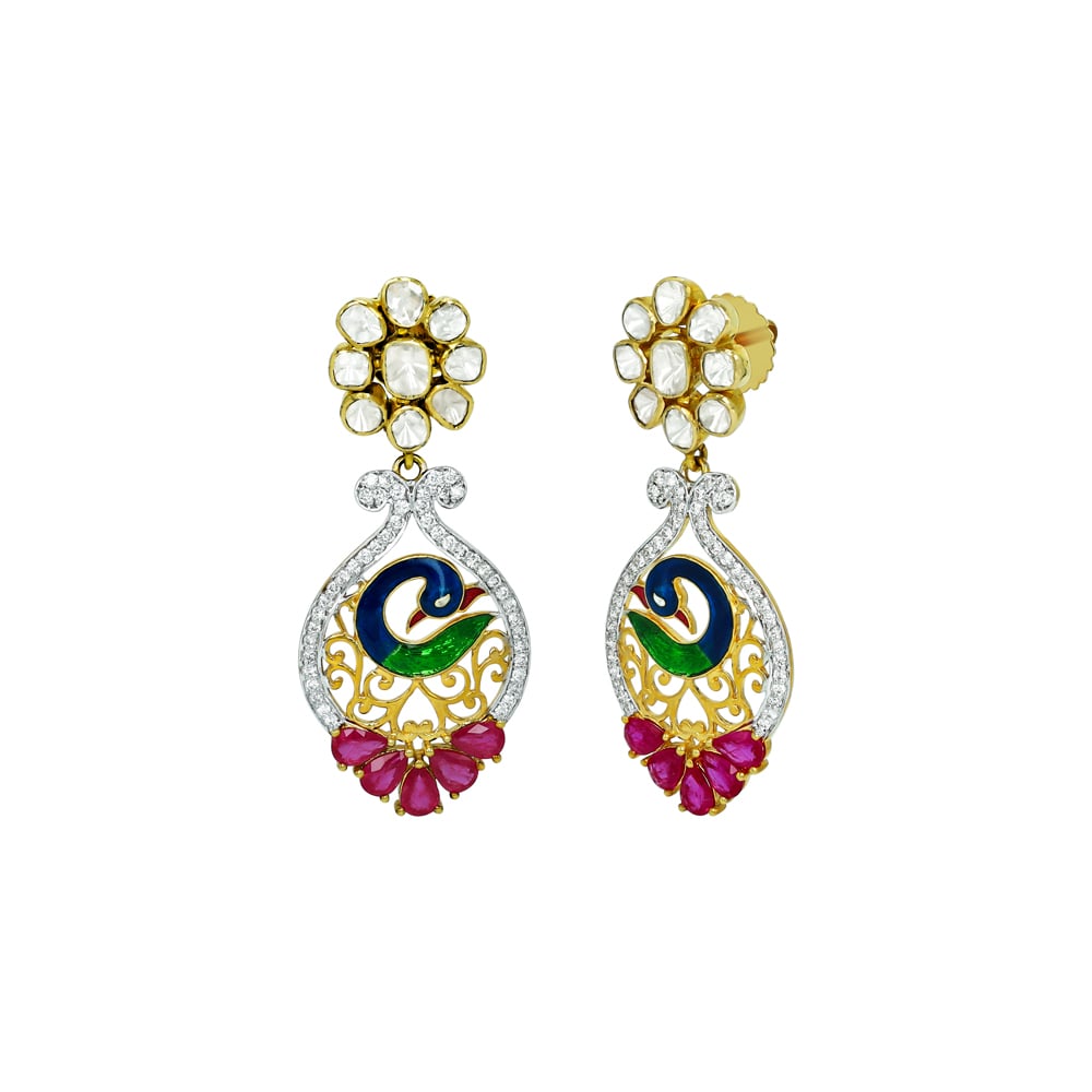 Polki Floral Earrings with Peacock Enamel and Ruby Accents